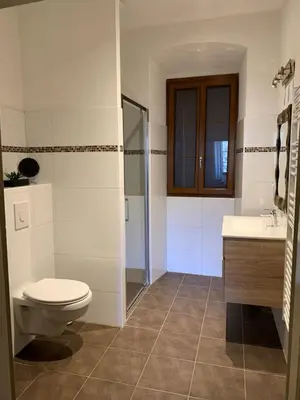 a bathroom with a toilet and a sink and a shower at Maison de caractère CASA LECA, piscine privée chauffée in Feliceto