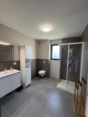 a bathroom with a shower and a sink and a toilet at L'Immortelle - T3 avec balcon vue mer & montagne in Calenzana