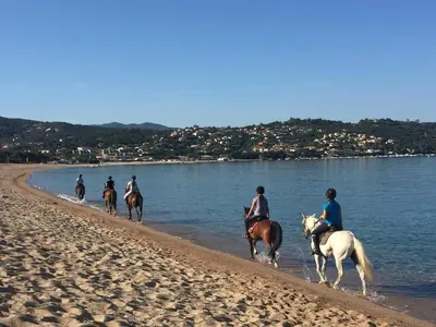 a group of people riding horses on the beach at La Villa K, plage du Ruppione in Pietrosella