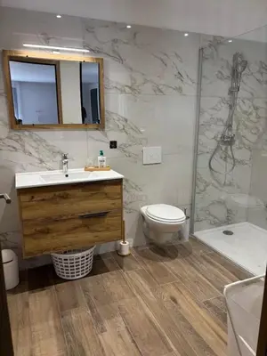 a bathroom with a sink and a toilet and a shower at Rez de villa Proche d'Ajaccio in Sarrola-Carcopino