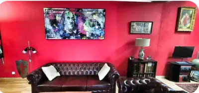 a living room with a leather couch and a red wall at Spacieux T2 route des sanguinaires in Ajaccio