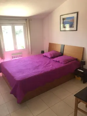a bedroom with a bed with purple sheets and two windows at Villa A Nuciola - Prunete in Cervione