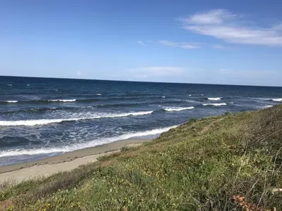 a view of the ocean with a sandy beach at Villa A Nuciola - Prunete in Cervione