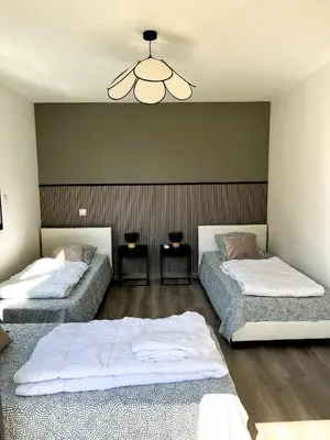 a bedroom with two beds and a ceiling at L'Immortelle in Zonza