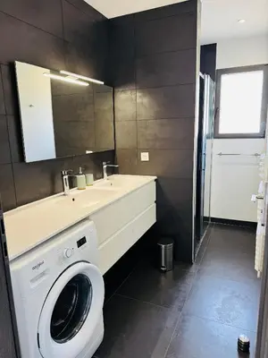 a bathroom with a washing machine and a sink at Casa Caseddu, Heated pool, 4 people, Bonifacio in Bonifacio