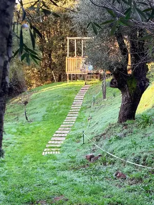 a stairway in a field with a tree at Roulotte Atypique - Vue Mer - Écrin de Nature in Cauro