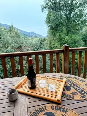 a bottle of wine and two glasses on a wooden table at Roulotte Atypique - Vue Mer - Écrin de Nature in Cauro