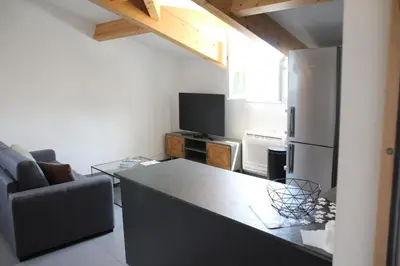 a kitchen with a refrigerator and a couch and a tv at Casa di a Volpe in Corte