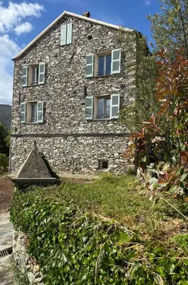 an old stone building with white windows and ivy at Suite avec jardin et piscine in Murato