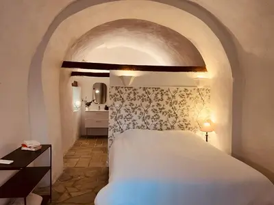 a bedroom with a large white bed in a room at Suite avec jardin et piscine in Murato