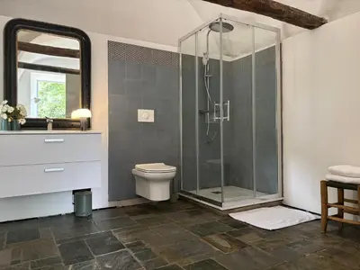 a bathroom with a shower and a toilet at Suite avec jardin et piscine in Murato