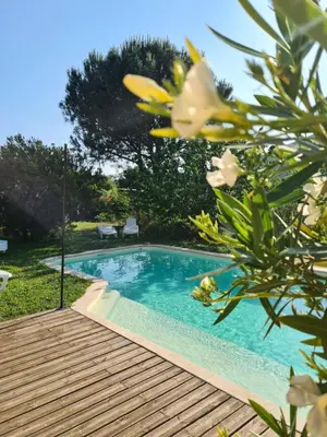 a swimming pool with a wooden deck and flowers at U ghjosu rossu, Maison indépendante, bien située in Appietto