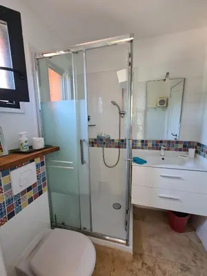a bathroom with a shower and a toilet and a sink at U ghjosu rossu, Maison indépendante, bien située in Appietto
