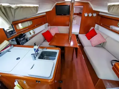 a view of the inside of a boat with a sink at Voilier in Propriano