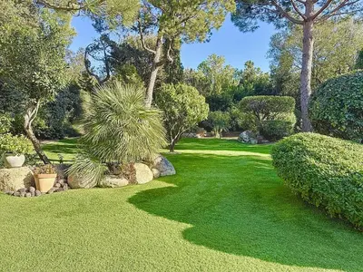 a yard with green grass and trees and bushes at Villa avec piscine - Cala Rossa - Accès plage in Lecci