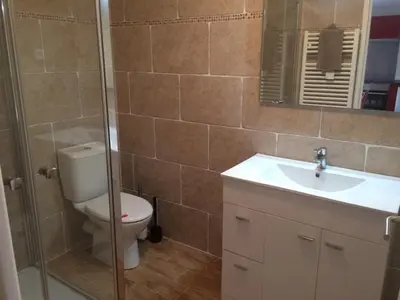 a bathroom with a toilet and a sink and a mirror at A Stalla in Piana