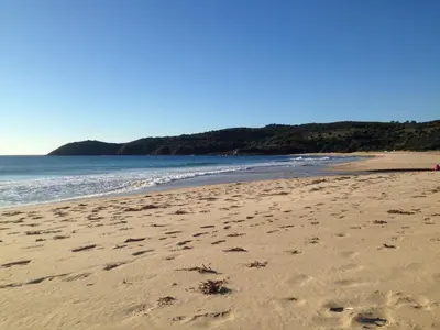 a beach with footprints in the sand and the ocean at A Stalla in Piana
