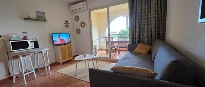a living room with a couch and a tv at Appartement avec piscine en Bord de Mer - Corse in Linguizzetta