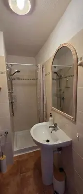 a bathroom with a sink and a shower and a mirror at Appartement avec piscine en Bord de Mer - Corse in Linguizzetta