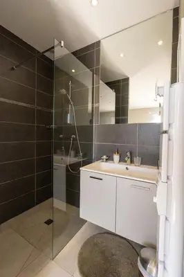 a bathroom with a white sink and a shower at Villa avec piscine privée in Serra-di-Ferro