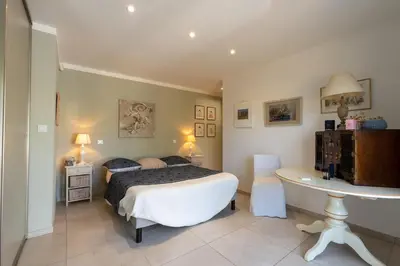 a bedroom with a bed and a tub and a desk at Villa avec piscine privée in Serra-di-Ferro
