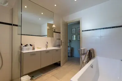 a bathroom with a tub and a sink and a mirror at Villa avec piscine privée in Serra-di-Ferro