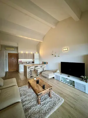 a living room with a couch and a coffee table at Mini-villa avec vue mer et piscine in Olmeto