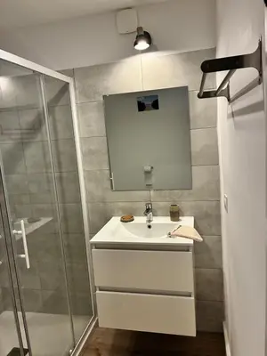 a bathroom with a sink and a shower at U Fiori Studio 37 in Lecci