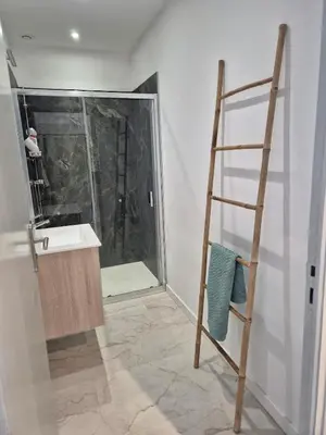 a bathroom with a glass shower and a ladder at Peaceful 3-room apartment, refurbished and air-conditioned in Linguizzetta