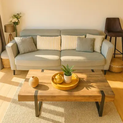 a living room with a couch and a coffee table at Magnifique duplex vue mer avec clim wifi piscine mer à pied in Serra-di-Ferro