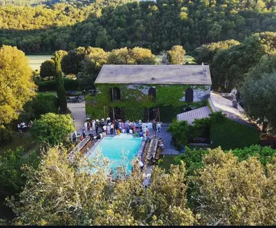 an aerial view of a house with a swimming pool at Chambres de charme - 2 chambres indépendantes avec salles de bains privatives in Corte