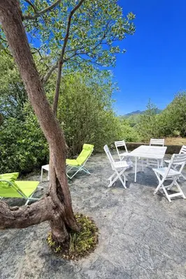 a group of chairs and a table and a tree at Maison avec vue mer à Propriano in Propriano