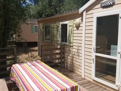 a screened in porch of a tiny house with a table at Mobil home 6 personnes avec terrasse à Vico - API-1-52-841 in Vico