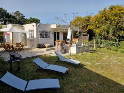 a yard with two chairs and an umbrella at CORSE bord de plage SANT AMBROGGIO