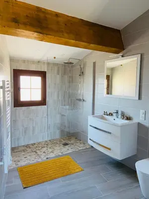 a bathroom with a shower and a sink and a mirror at Charmante villa dans un petit coin de Paradis in Propriano