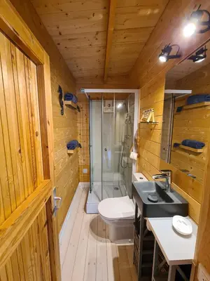 a bathroom with a sink and a toilet and a shower at Casa Di Legnu -T2 - Calme et bien situé in Appietto