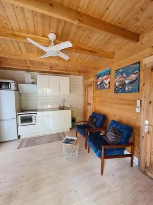 a living room with a ceiling fan and a kitchen at Casa Di Legnu -T2 - Calme et bien situé in Appietto