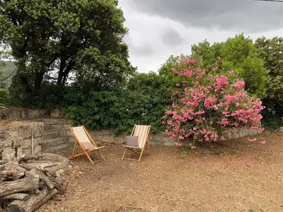 two chairs sitting next to a bush with pink flowers at Sartene - Corse du sud ouest in Sartène