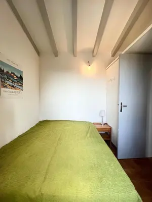 a bedroom with a green bed and a door at Appartement au cœur de Porticcio in Porticcio