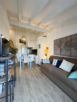 a living room with a couch and a table at Charmant studio au centre de Porticcio in Grosseto-Prugna