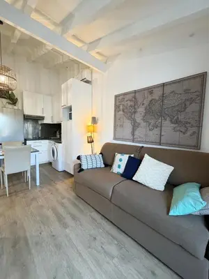 a living room with a couch and a kitchen at Charmant studio au centre de Porticcio in Grosseto-Prugna