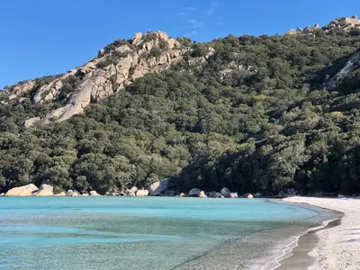 a view of a beach with a mountain in the background at Santa Giulia, Résidence Cala Sultana Numero 40 in Porto-Vecchio