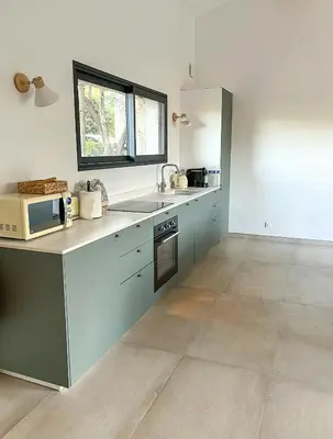 a kitchen with a counter with a sink and a microwave at Stone House Between Porto-Vecchio And Bonifacio in Figari
