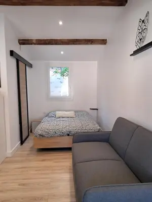 a bedroom with a bed and a couch and a window at Studio maisonnette au bord de belle plage d'Agosta in Albitreccia