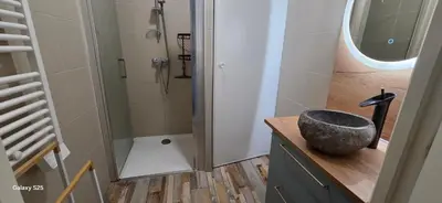 a bathroom with a sink and a shower with a sink at T3 Cosy Ajaccio in Ajaccio