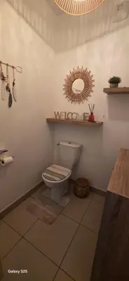 a bathroom with a toilet and a mirror on the wall at T3 Cosy Ajaccio in Ajaccio
