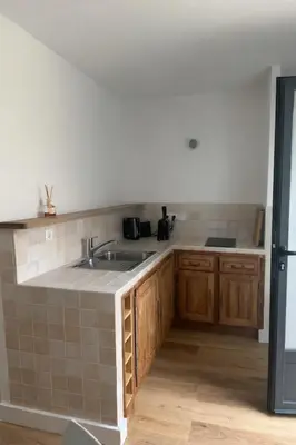 a kitchen with a sink and wooden cabinets at Studio climatisé avec terrasse privative in Corte
