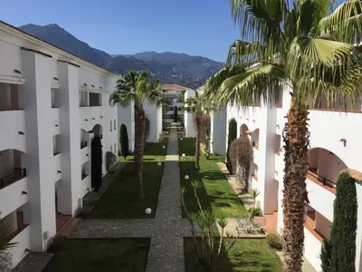 a view of the courtyard of a building with palm trees at Entre mer et montagne in San-Nicolao