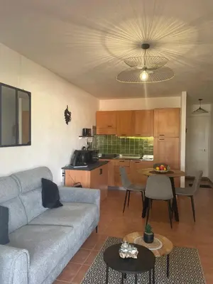 a living room with a couch and a table at Entre mer et montagne in San-Nicolao