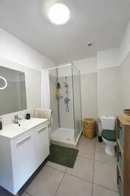 a bathroom with a shower and a sink and a toilet at Appart cosy - Lumineux avec terrasse in Borgo
